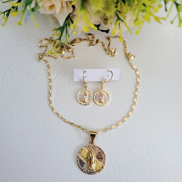 Tri Color Lady of Guadalupe Gold Plated Necklace and Earrings - Picture 6 of 7